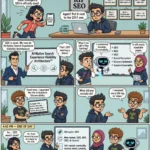 Comic strip showing Subu and team reacting to claims that SEO is dead while proving SEO continues to evolve and drive results.